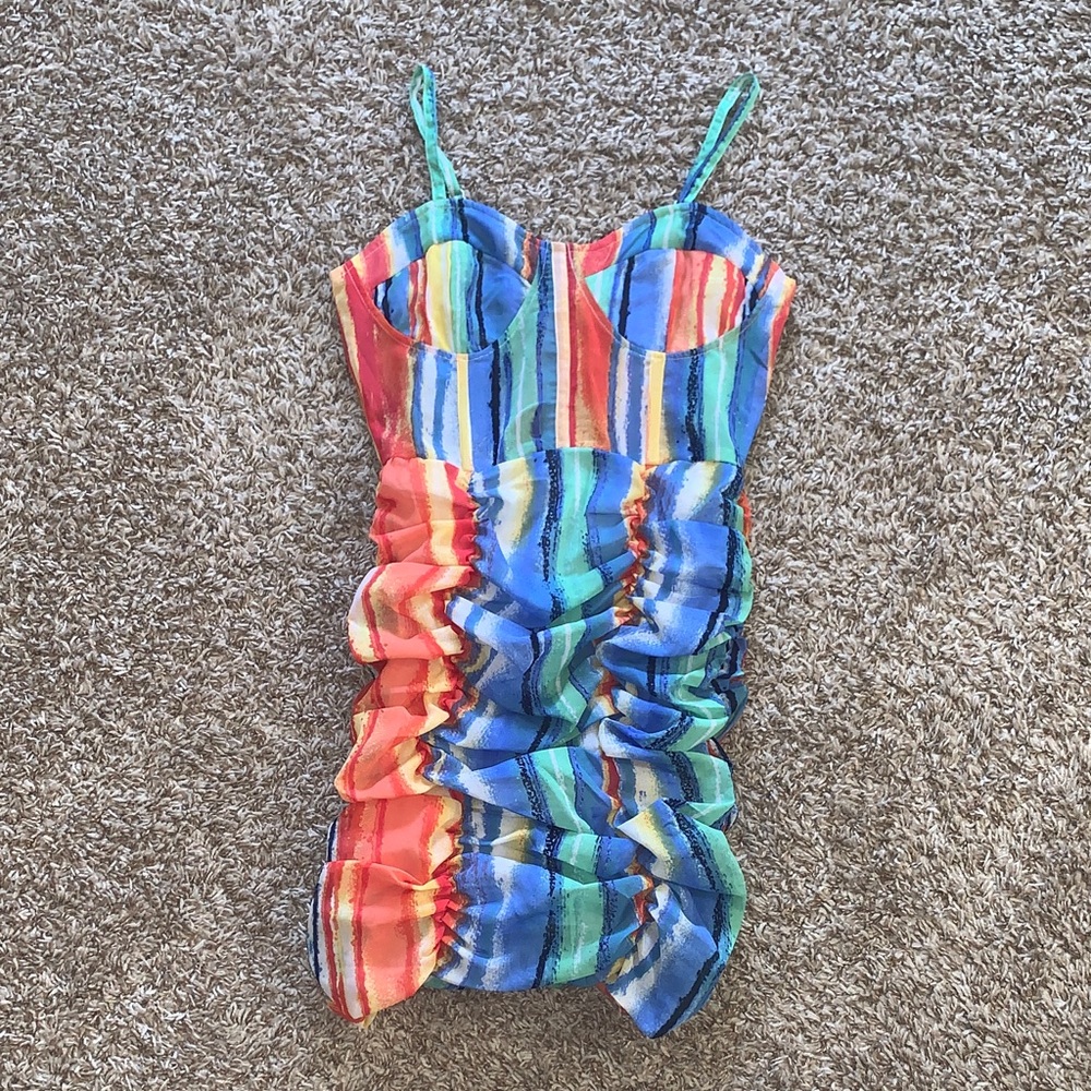 NWT Girl Soul Colorful Striped Ruched Bodycon Mini Vacation Party Dress Small